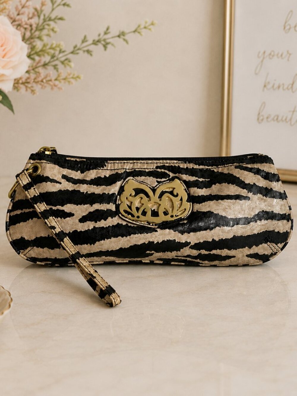 Carlos Santana Zebra Print Wristlet Clutch Animal Print Gold Accent